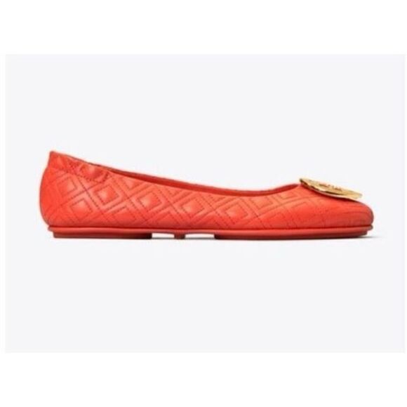 Tory Burch Size 6.5 Minnie Quilted Leather Ballet Flats Orange Gold Logo Travel